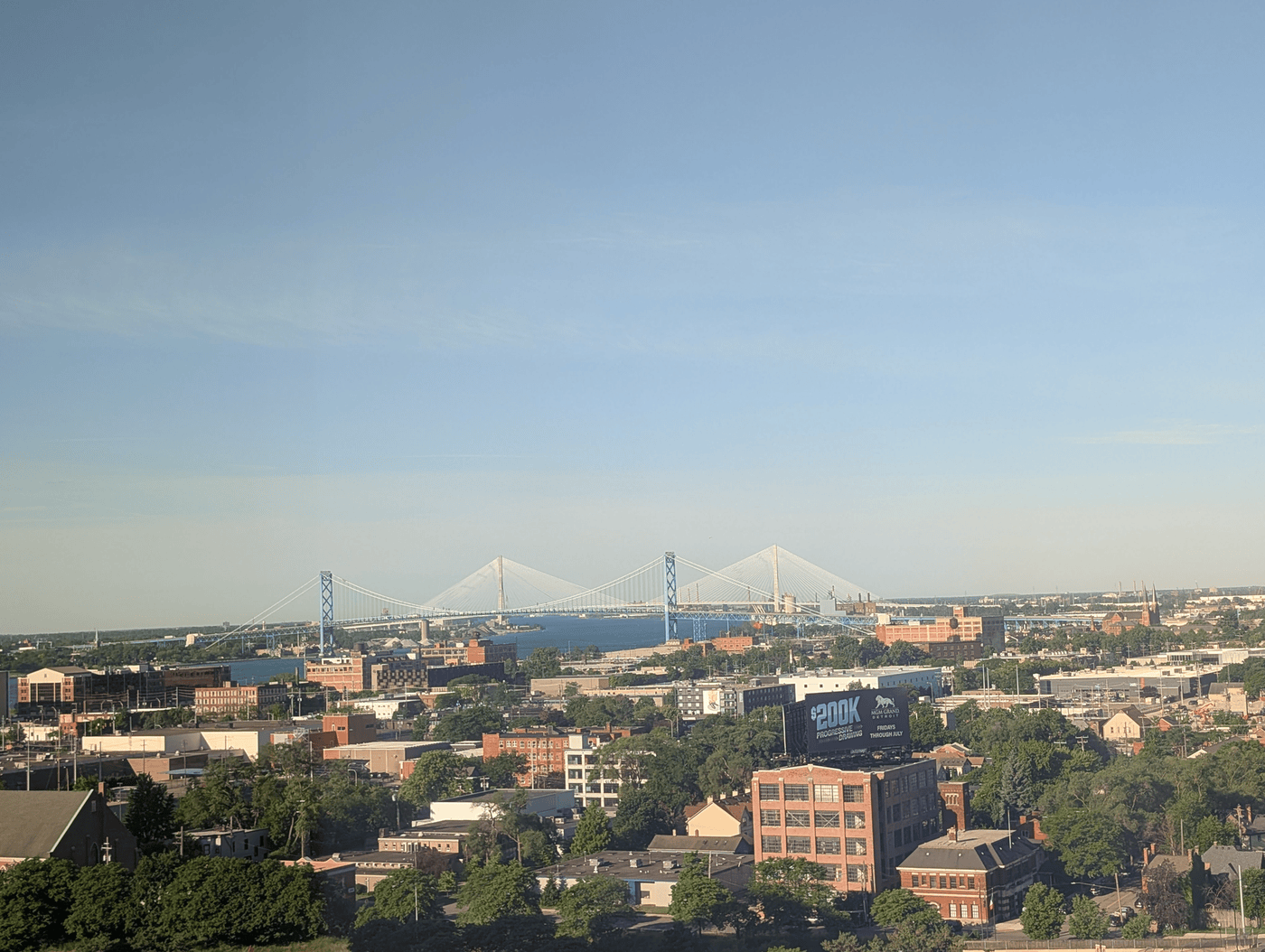 The Detroit skyline with the Ambassador Bridge