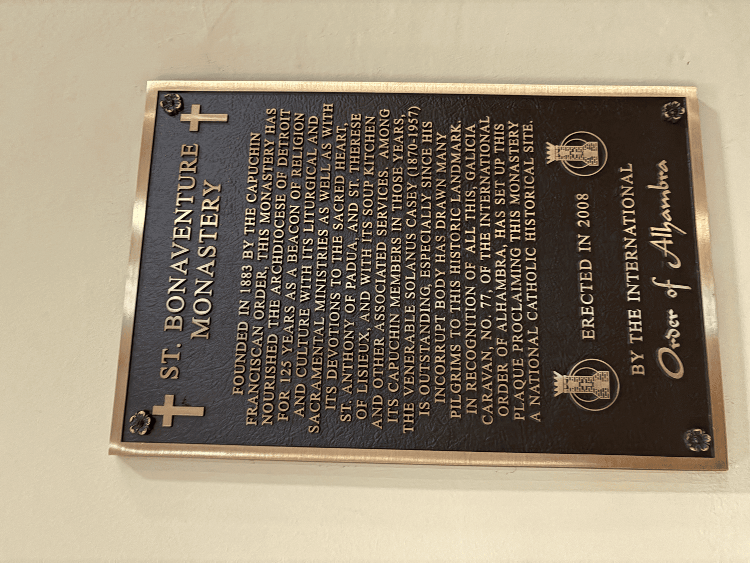 A 1883 bronze plaque for the founding of St. Bonaventure Monastery
