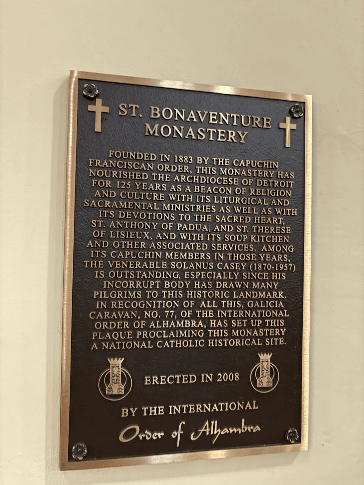A 1883 bronze plaque for the founding of St. Bonaventure Monastery