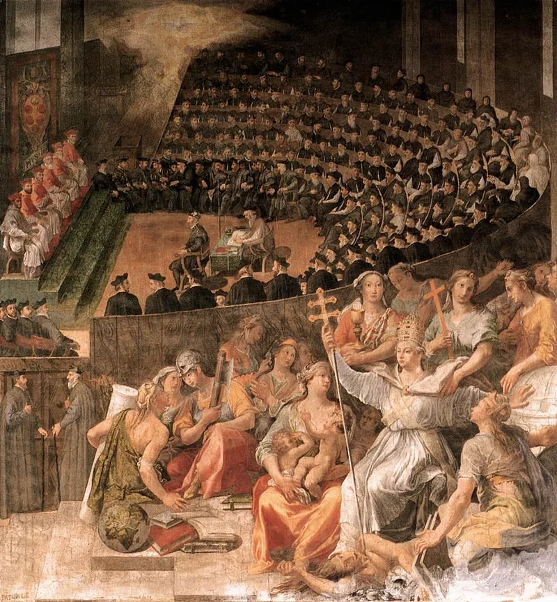 A fresco of the Council of Trent: tiers of seated bishops filling a hall in the upper half, and in the foreground a group of allegorical figures gathered around a woman holding a cross.