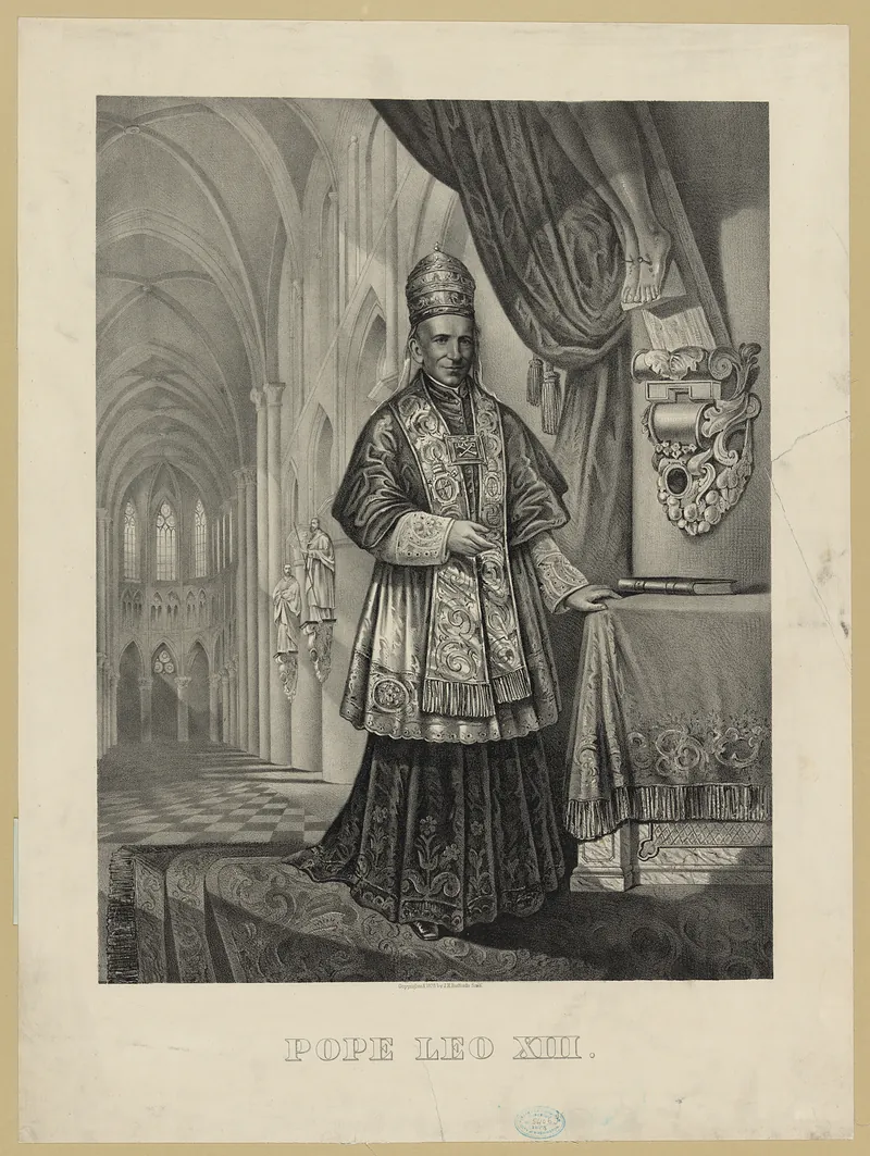 A lithograph of Pope Leo XIII standing in full pontifical vestments and mitre beside a draped table in a gothic interior, captioned Pope Leo XIII beneath the plate.